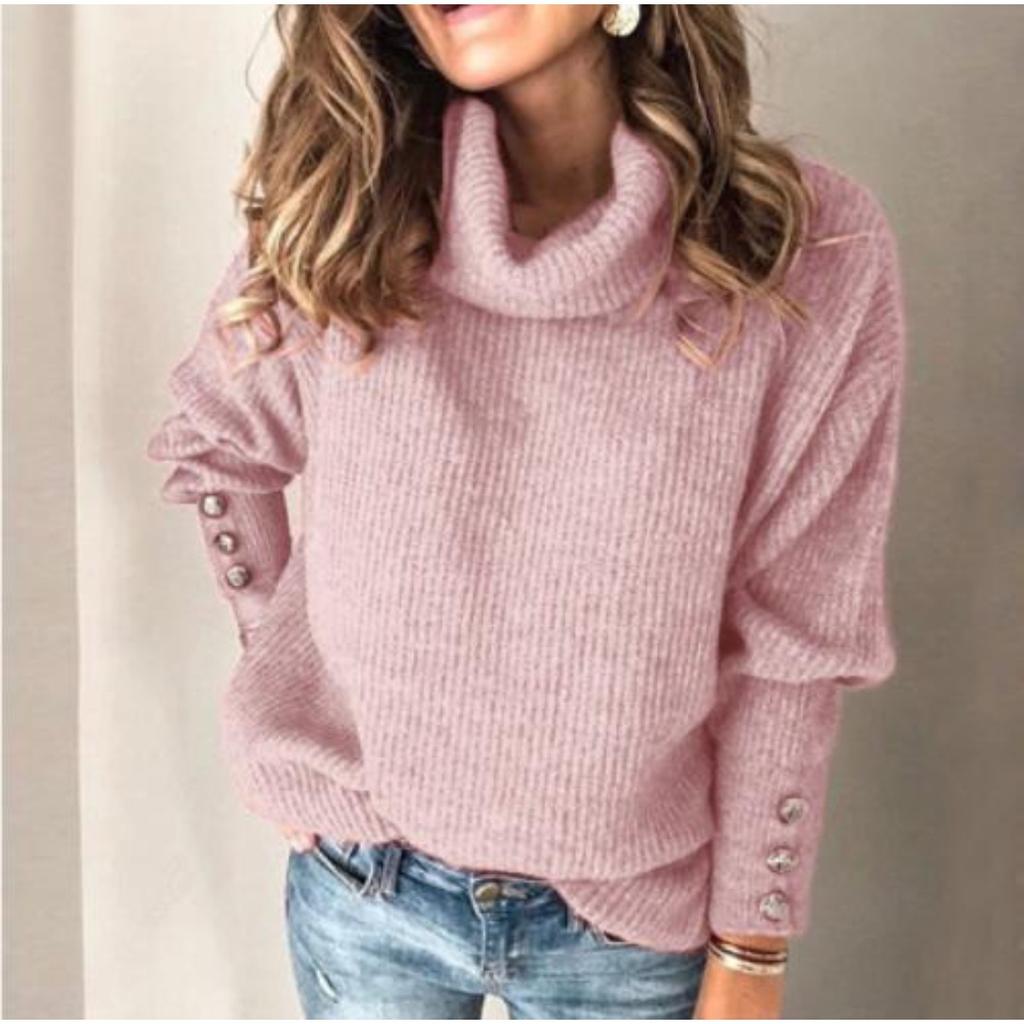 Women's Turtleneck Ribbed Knit Sweater Long Sleeve Button Cuff Loose Casual Solid Color Pullover Top