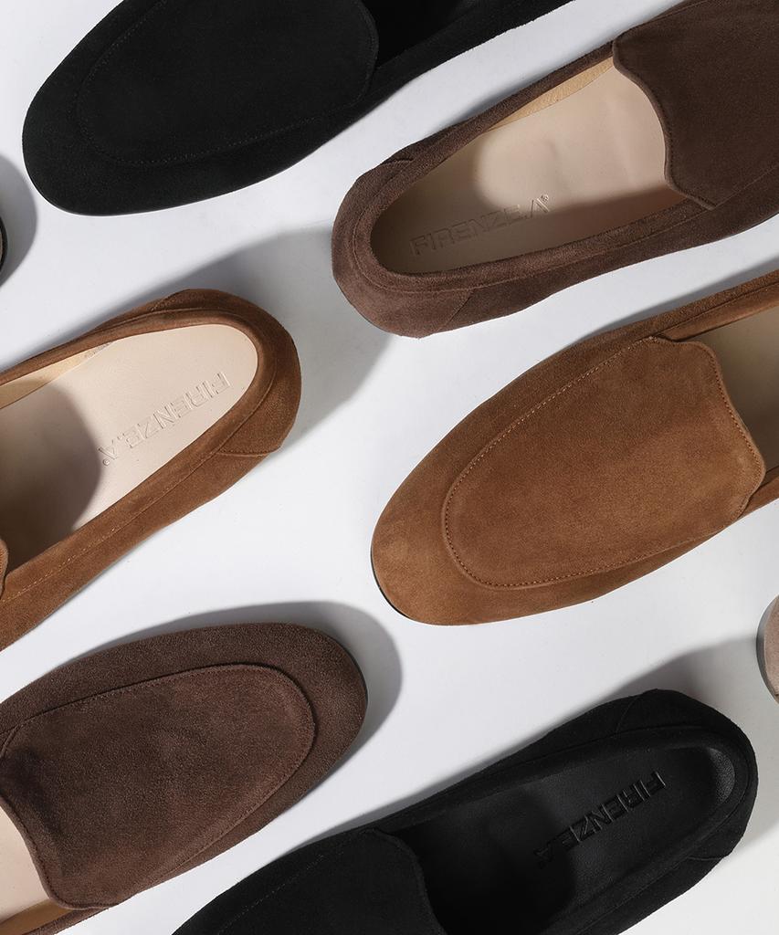Firenze Atelier Flat Round-Toe Suede Minimalist Loafers 8200-Qs [Mid Brown]