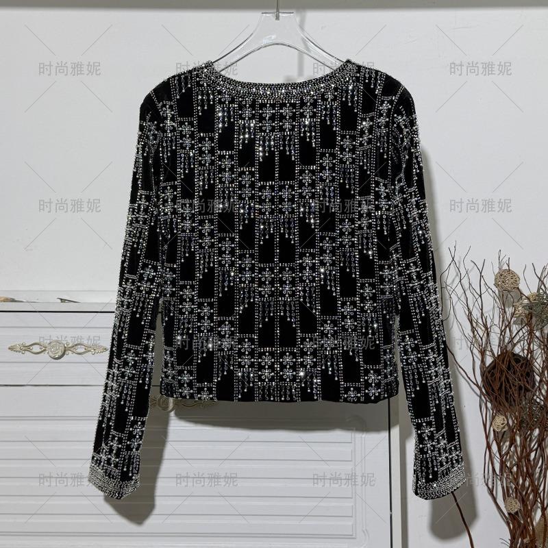 Fashion Yani Black Heavy Industry Sequined Beaded Short Jacket Women's Crew Neck Slim-fit Pearl Cardigan Top Tide