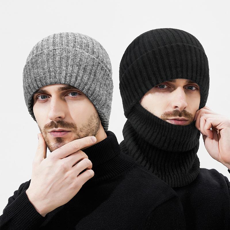 Vinterull Varm Stickad Mössa Herr Utomhus Vindtät Köldtålig Fleece Nackvärmare Tvådelad Ullmössa