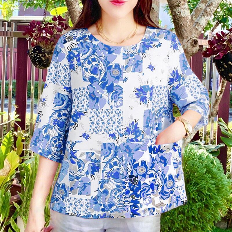 

ZANZEA Женская повседневная блузка с круглым вырезом, свободного кроя, с короткими рукавами, с цветочным принтом 4XL синий