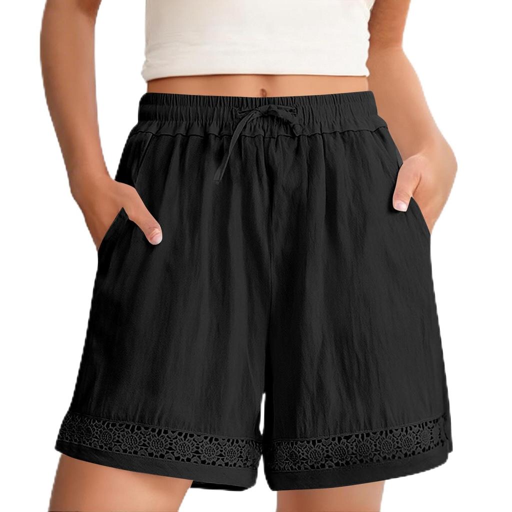 Women's Fashionable Casual -Colour Vintage-Inspired Lace-Up Cotton-Linen Blend Shorts With Drawstring Waist