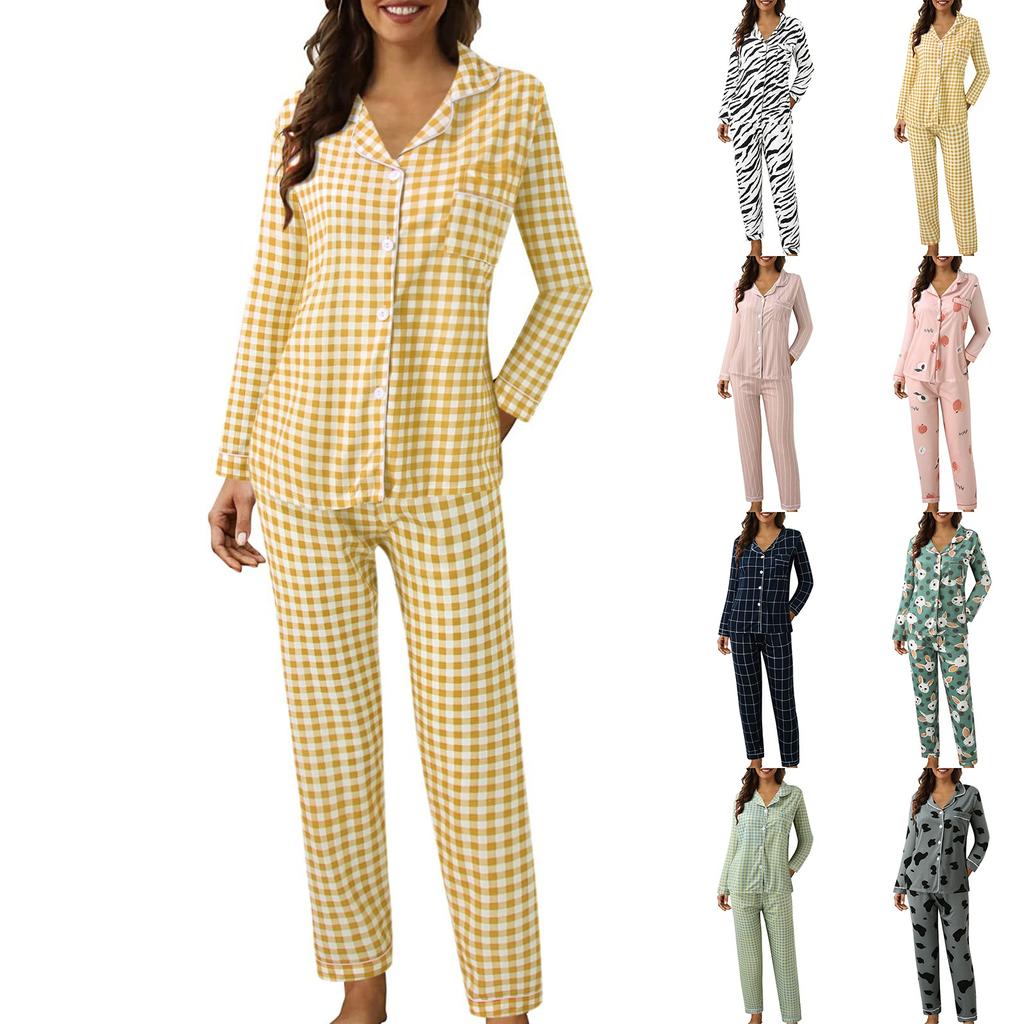 Damen Pyjama Set Langarm Weiches Nachthemd Nachtwäsche Knopf Pyjama Niedliche Hauskleidung