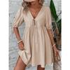 Women Elegant Loose Deep V Neck Lace Up A Line Woven Midi Dress