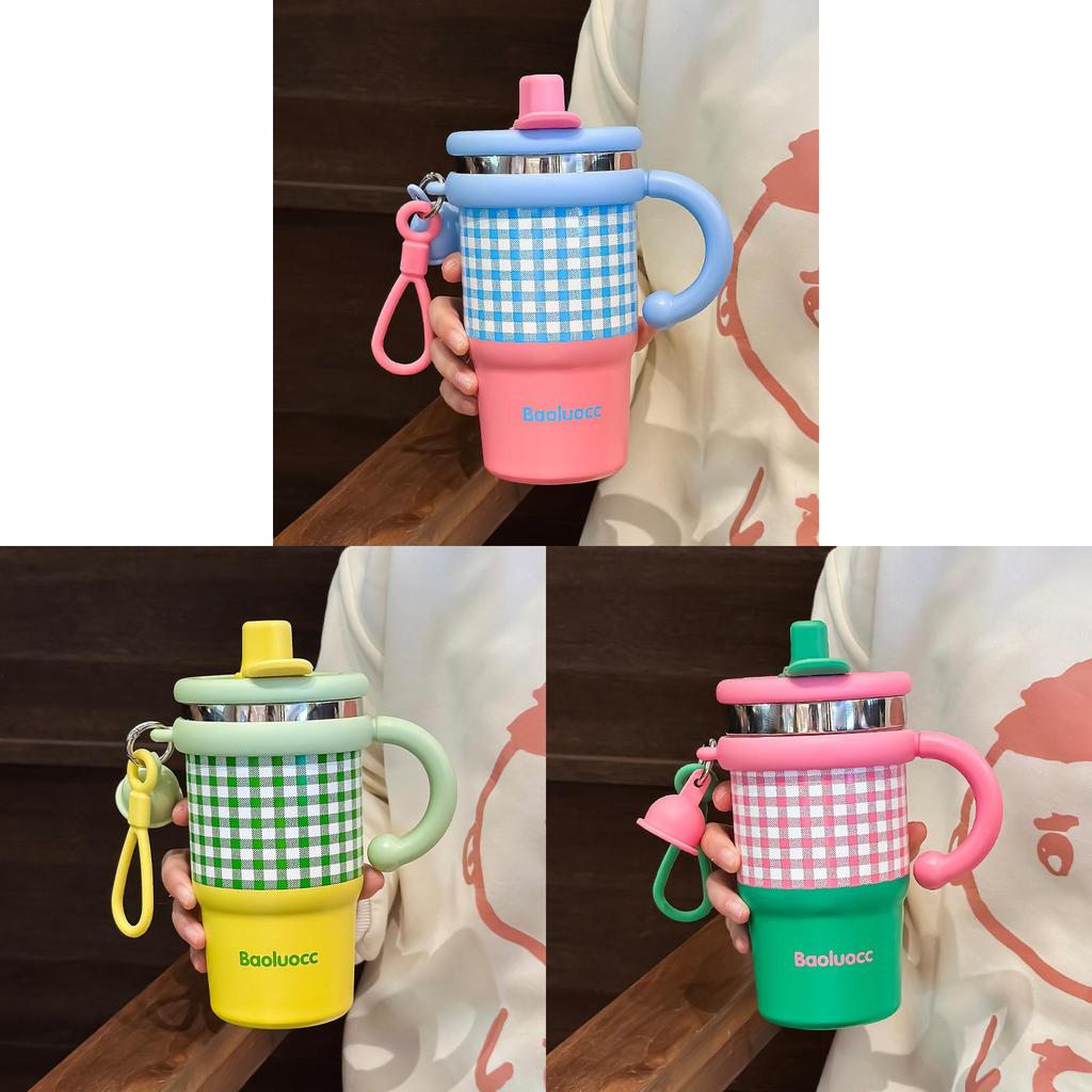 Karierte 600ml Edelstahl-Kaffeetasse mit Henkel und Auslaufsicherem Deckel für den Arbeitsweg