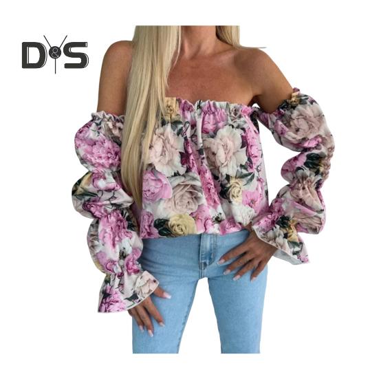 Koszula Damska Odkrywająca Ramiona Rozkloszowany Długi Rękaw Design Pulowerowe Topy Kwiatowy Nadruk Luźny Krój Koszula Casual Odzież Biurowa