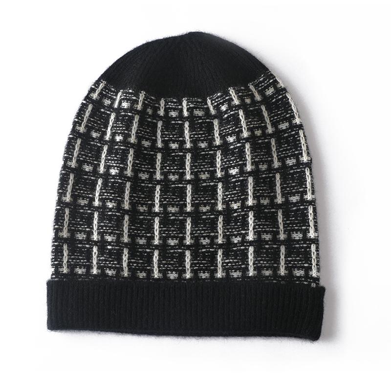 Women Colorful Silk Pure Cashmere Knit Beanie Hat Warm Winter Fashion Checkered Pattern Headwear Soft Cozy Casual Cap Dedicate