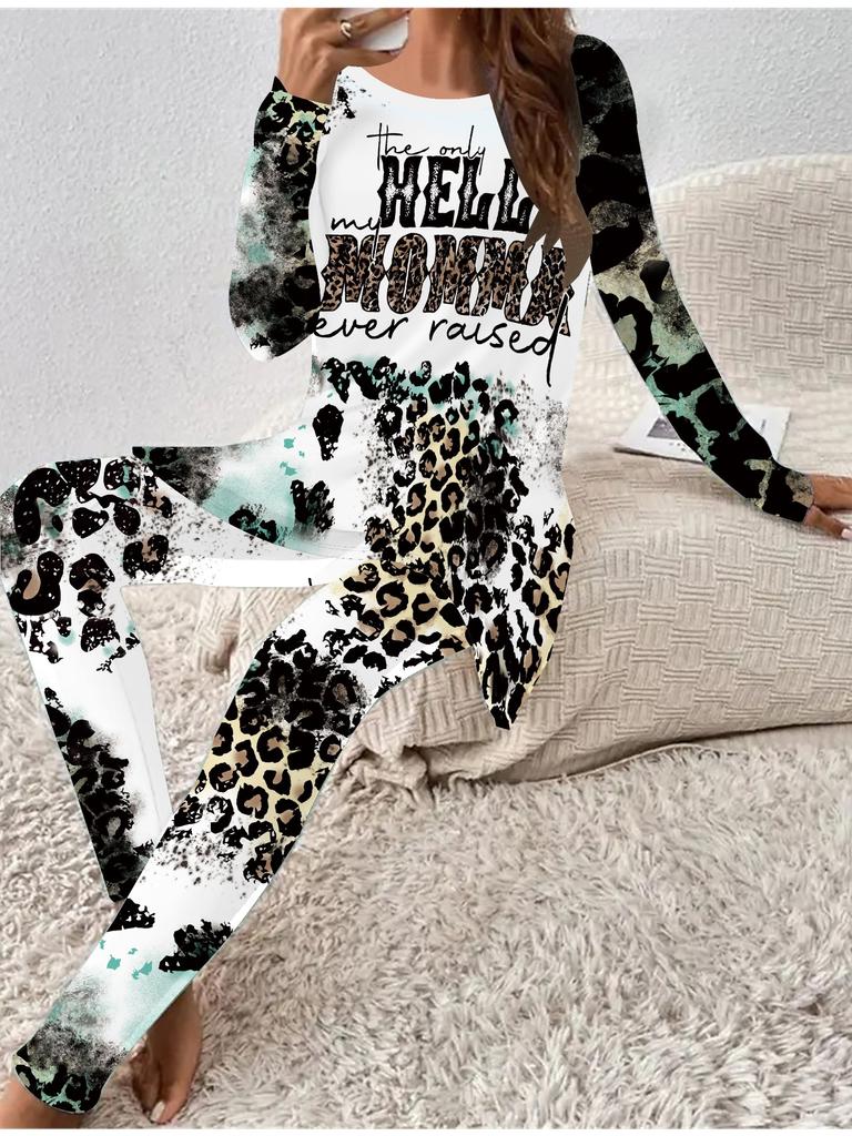 Euroamerikanische Mode 3D Leopardenmuster Damen Vier-Jahreszeiten Langarm T-Shirt + Lange Hose Zweiteiliges Set. Perfektes Geschenk
