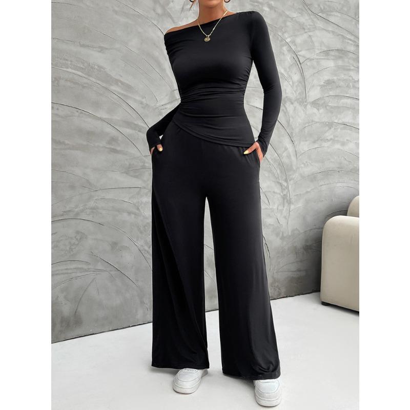 Autumn and Winter Women's Clothing Y2K Slim Long Sleeve Top Wide-leg Trousers Set