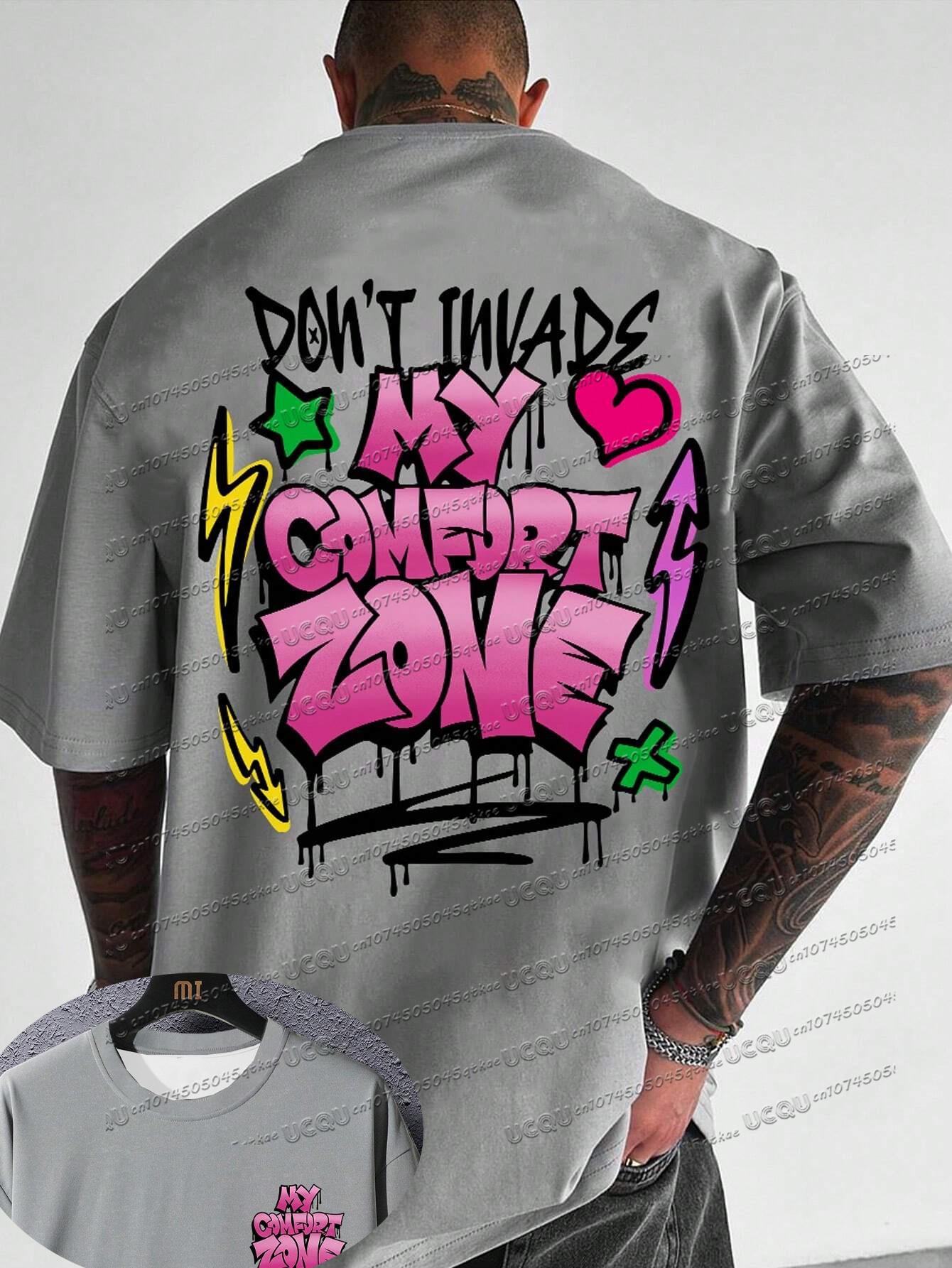 

My Comfort Zone Men Slogan Print Short Sleeve Colorful Graffiti Casual T-Shirt Boyfriend Gift Fashion And Trendy Streetwear Top L