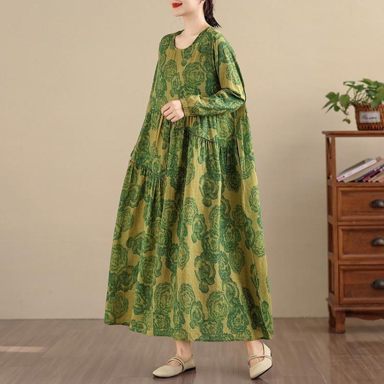 New Spring Summer Vintage Floral Print Maxi Dress Loose Oversize Long Sleeve for Women Plus Size