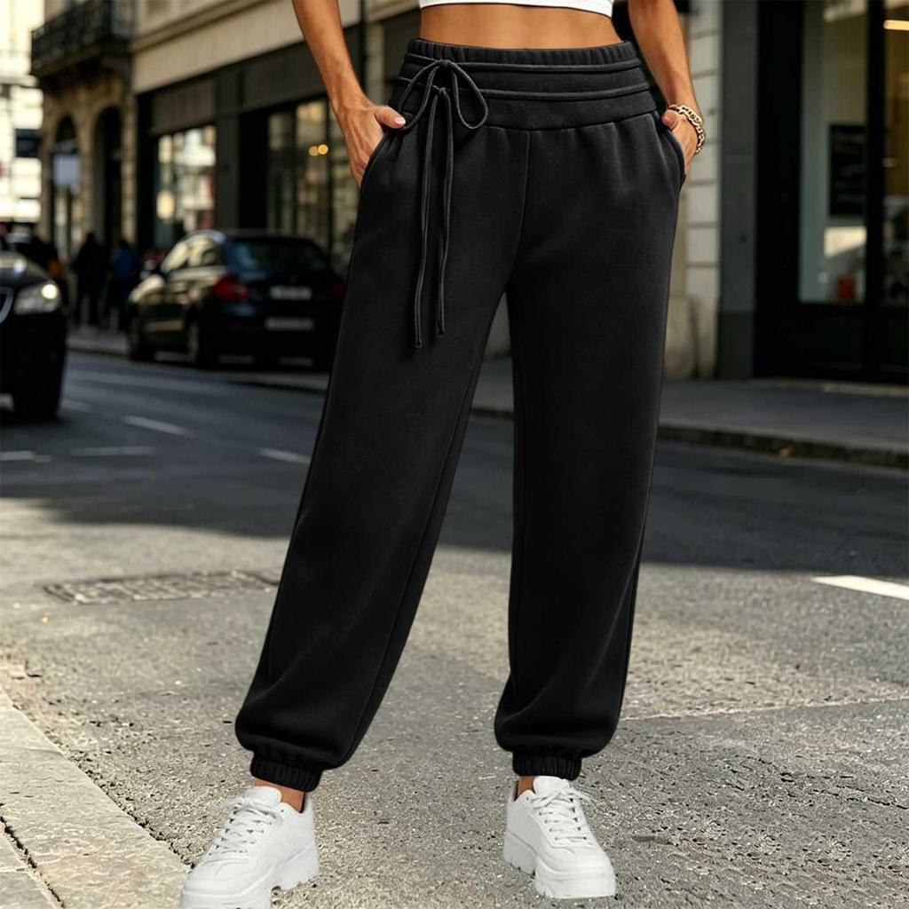 Women's Casual Color Pants with Elastic Waist Drawstring and Pockets for Everyday Wear