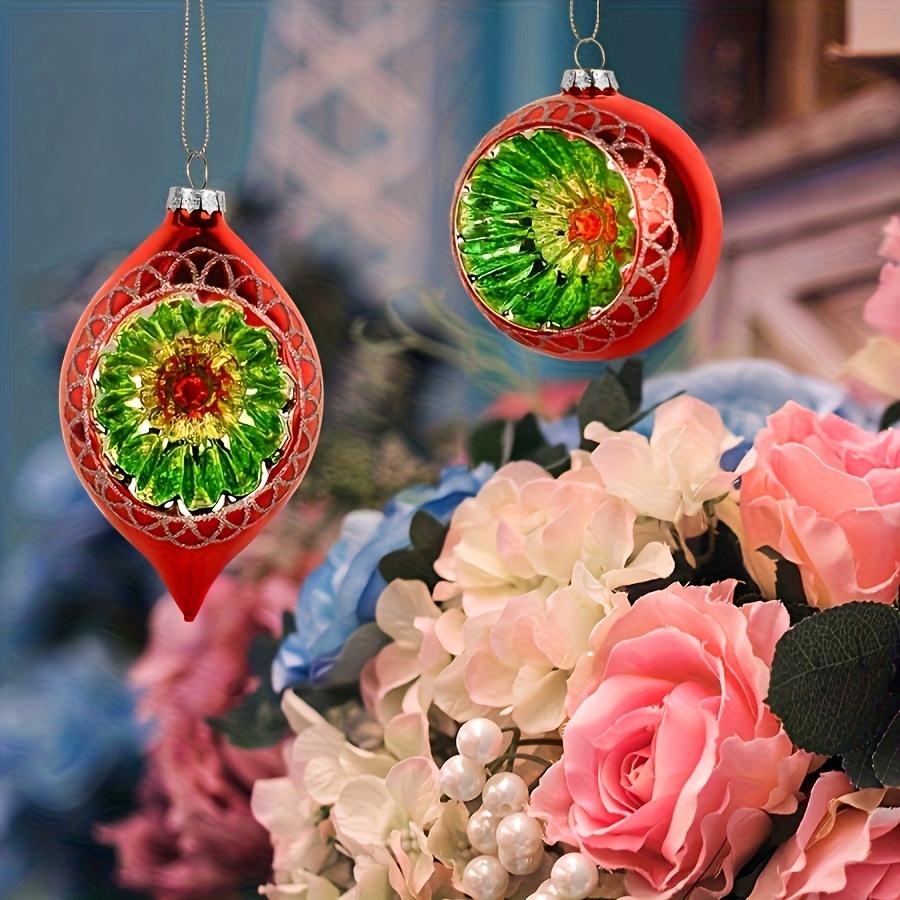 2pcs Elegant Double Pointed Glass Ball Ornaments with Floral Design Durable Hanging Christmas Tree Decorations for Festive Home Party Ambiance