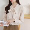 Women Chiffon Blouse Long Sleeve V‑Neck Bow Ribbon Shirt Elegant Fashion Office Lady Spring Tops