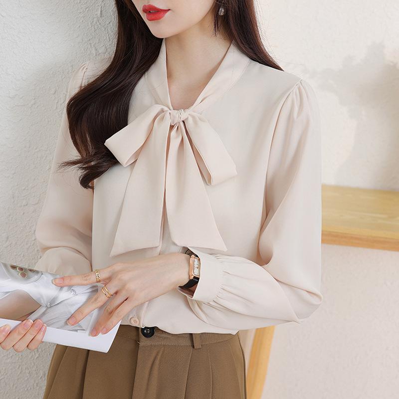 Women Chiffon Blouse Long Sleeve V‑Neck Bow Ribbon Shirt Elegant Fashion Office Lady Spring Tops