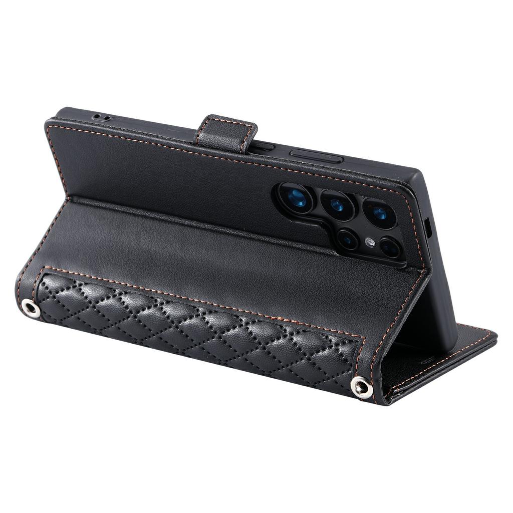 For Samsung Galaxy S24 Ultra Leather Case Rhombus Texture Wallet Stand Phone Cover with Wrist Strap