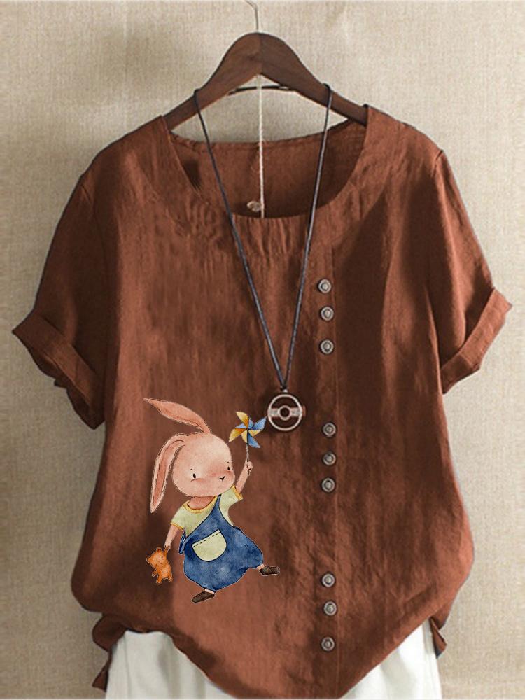 Women's Fashion Fashionable Rabbit Print Shot Sleeve T-shirt Loose Cotton Shirt Casual Loose Summer Blouse Tops Plus Size