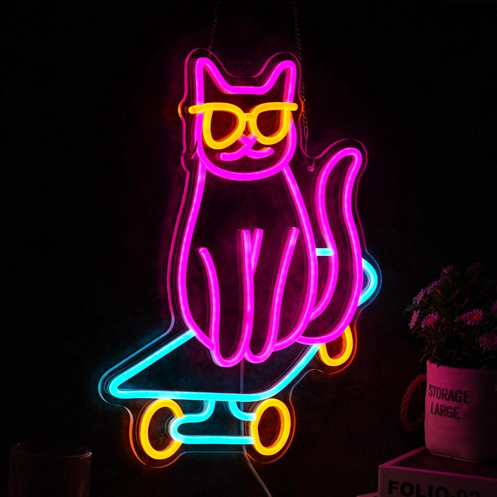 Skateboard Cat Neon Sign LED Light Animal for Bedroom Decor Pet Shop Art Wall Decoration Gift for Girl Boy Party Decoration