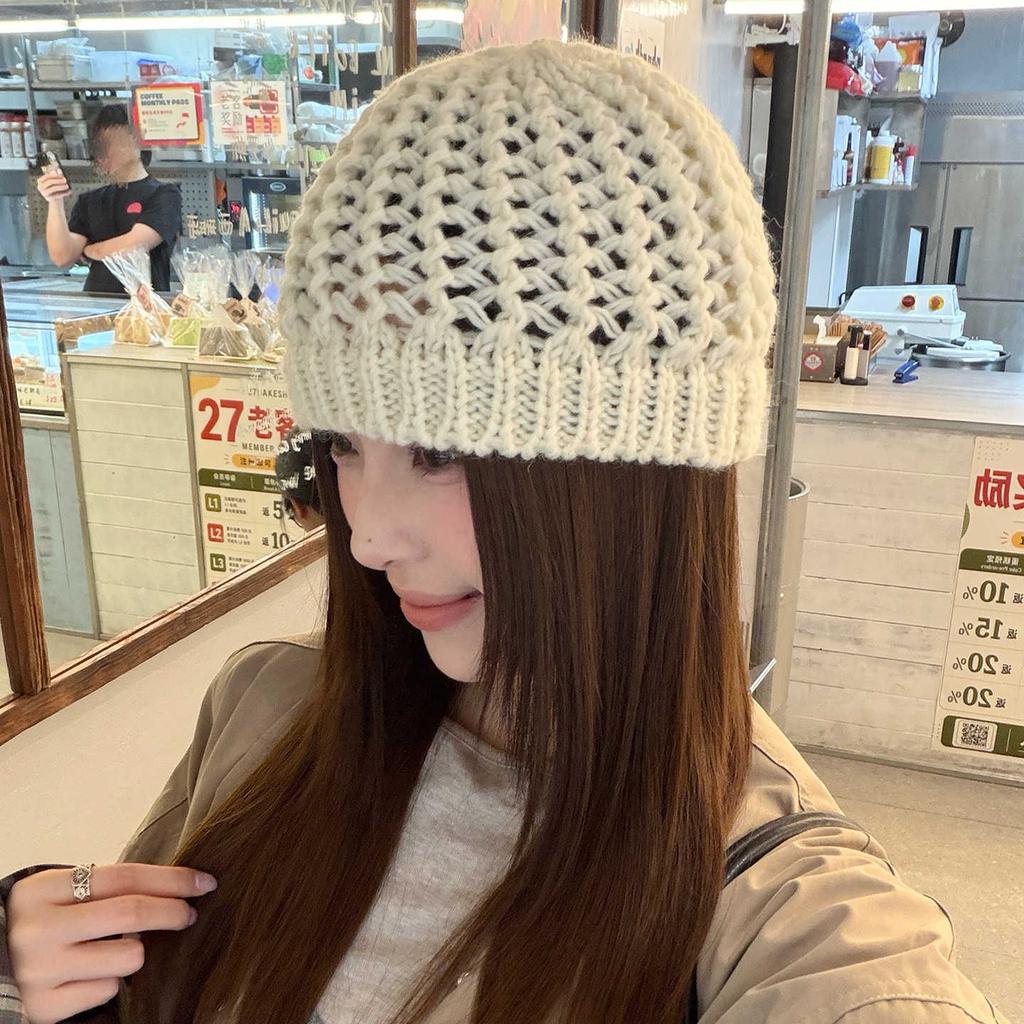 Ins Hollow Knitted Hat Women's Autumn and Winter New Warm Wool Hat Showing Face Small Versatile Cold Hat Headhat