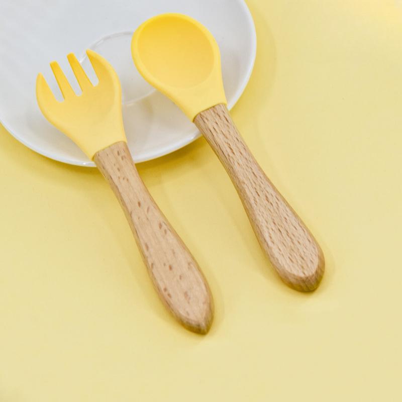Children's Wooden Handle Fork Spoon Baby Feeding Hot SpoonInfant Training Tableware