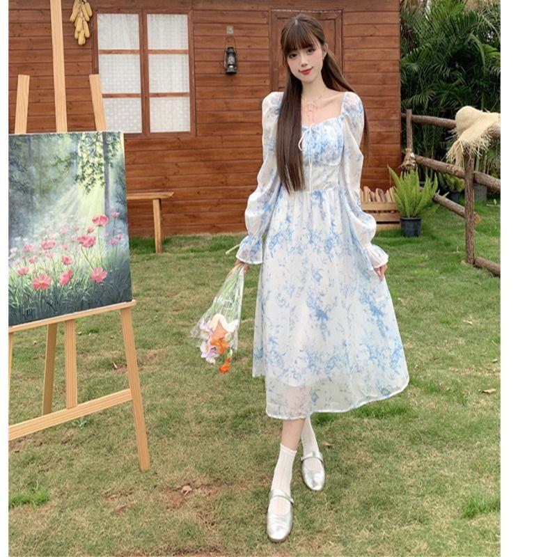 

French Floral Dress Plus Size Women s Clothing Summer New Arrival Fancy Temperament Waist-Controlled Gentle Fairy Long Skirt Blue M