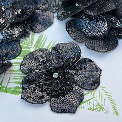 Black White Sequins Flower Appliques 3D Beaded Clothing Accessories Sticker Lace Patches Handmade Decoration Applique
