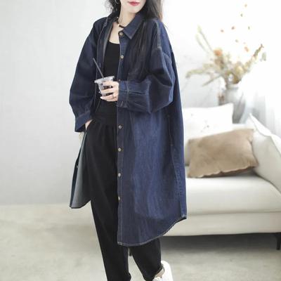 Robe chemise en jean rétro printemps et automne chemisier à manches longues pour femme veste chemise à revers à simple boutonnage pour femme