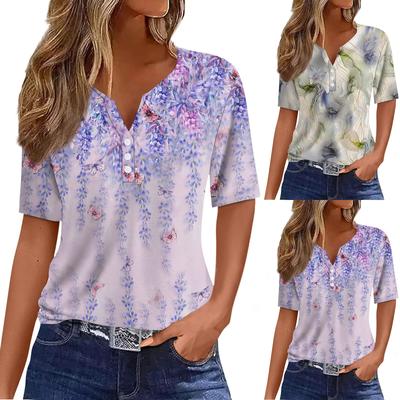 Women's Fashion Casual Floral Printed T-Shirt V-Neck Short Sleeve Button Top