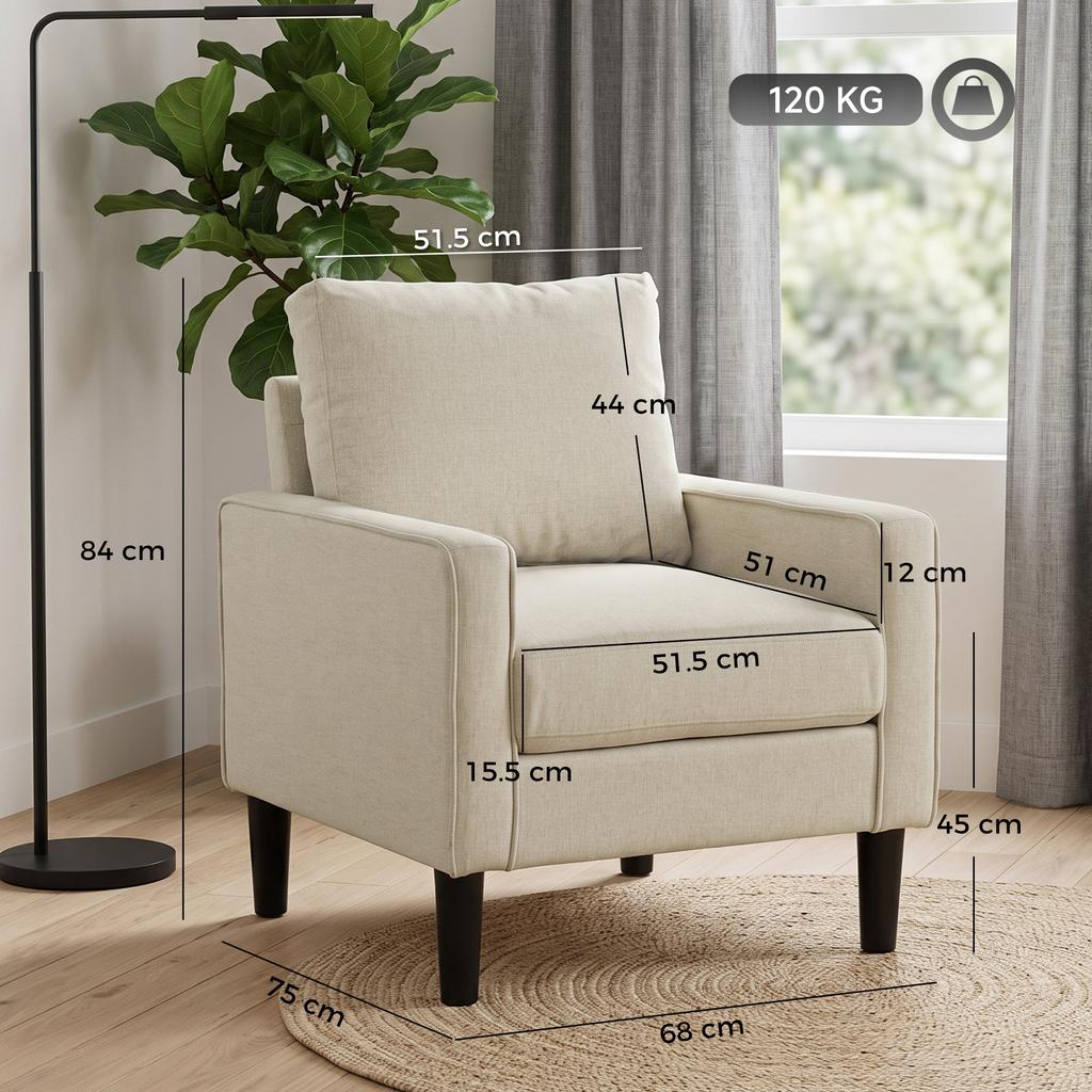 Accent Chair, Removable Pillow Linen Armchair with Comfy Spring Cushion for Living Room, Bedroom, Study, Cream