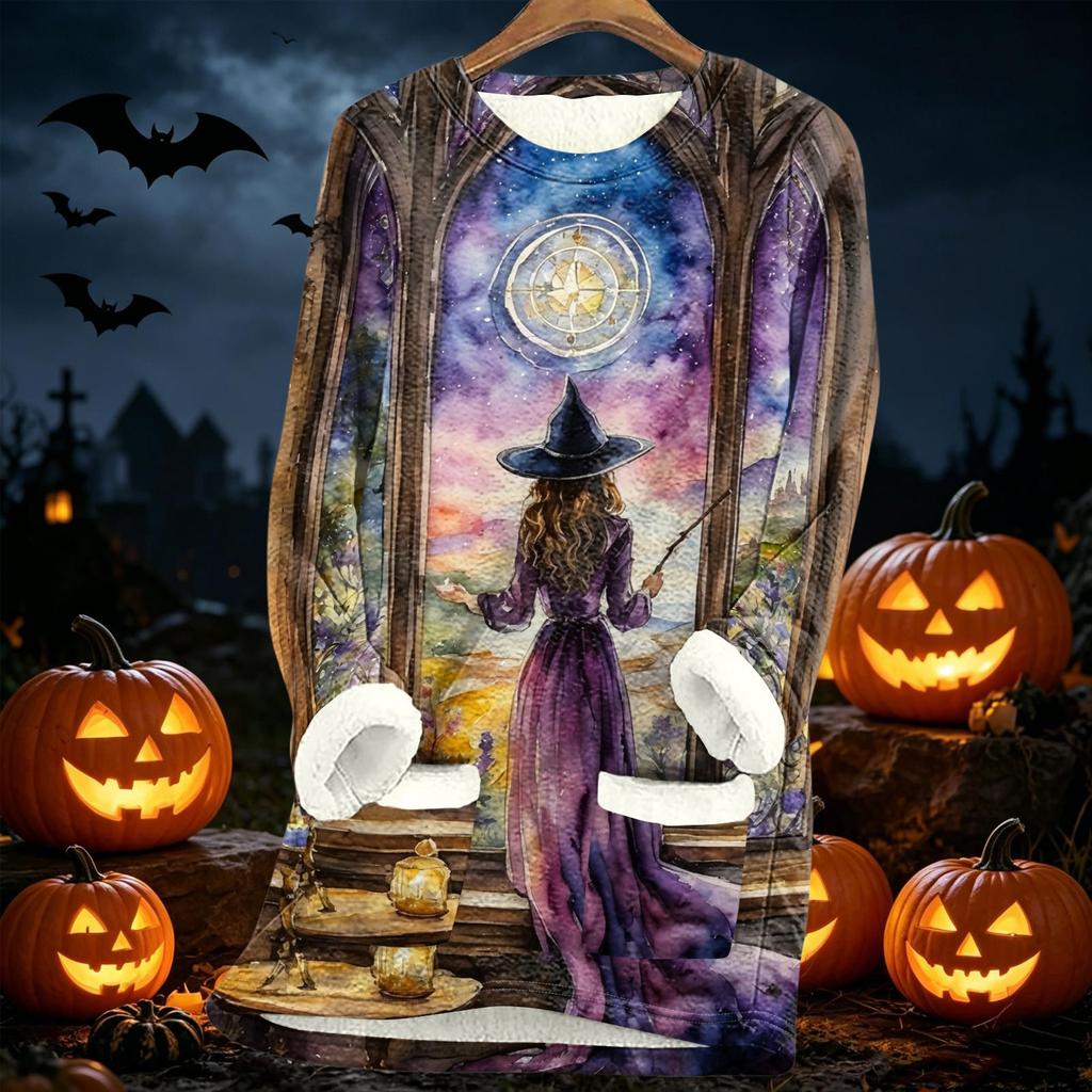 Women's Halloween Print Thick -Lined Lambswool Long Tunic Top for Fall and Winter