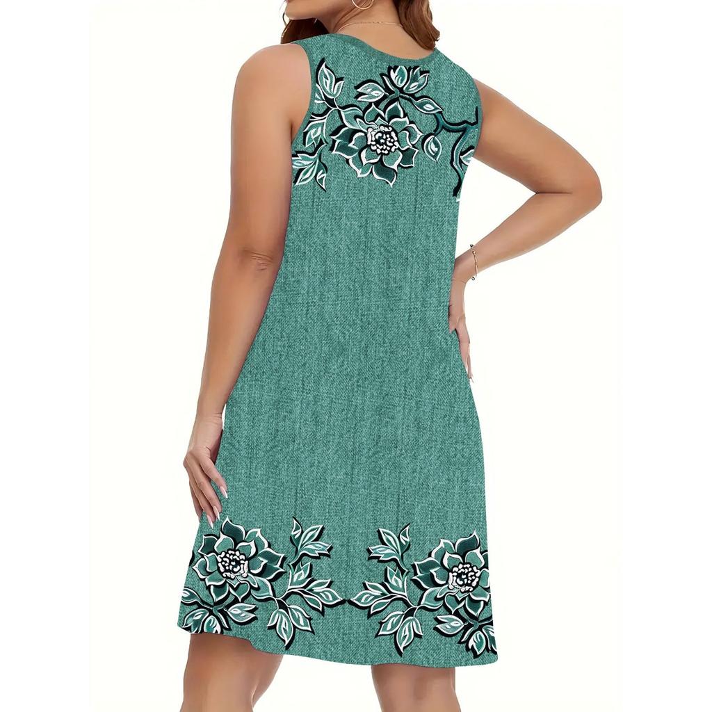 Dámská ležérní sukně s květinovým potiskem imitující denim - Vyrobená z lesklé tkaniny z hedvábného vlákna, letní outfit s kulatým výstřihem, přiléhavý střih, lehký materiál