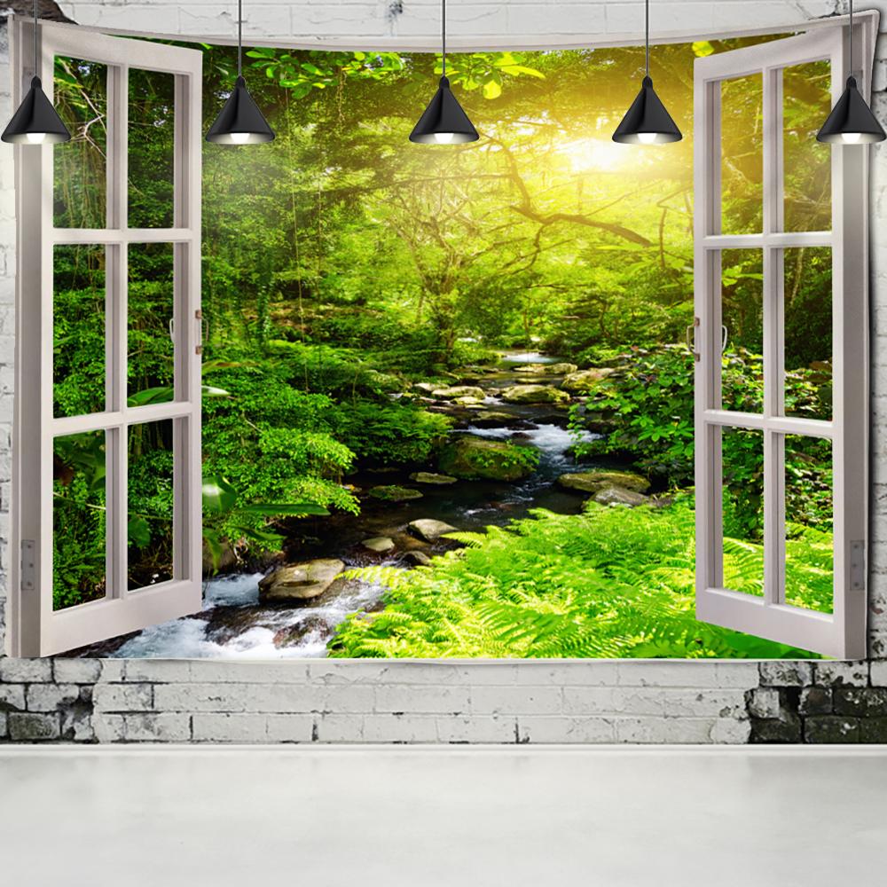 Sea Turtle Window Landscape Tapestry Wall Hanging Bohemian Psychedelic Mystery Imitation Window Home Art Decor