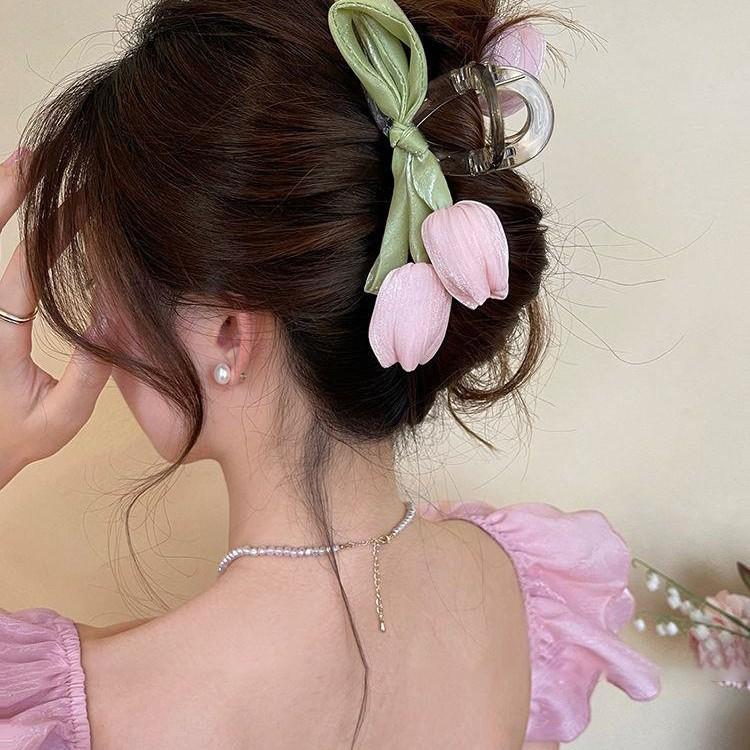Fabric Mesh Bow Tulip Fringed Hairpin Sweet Small Fresh Simple Grab Clip Niche Design Headdress