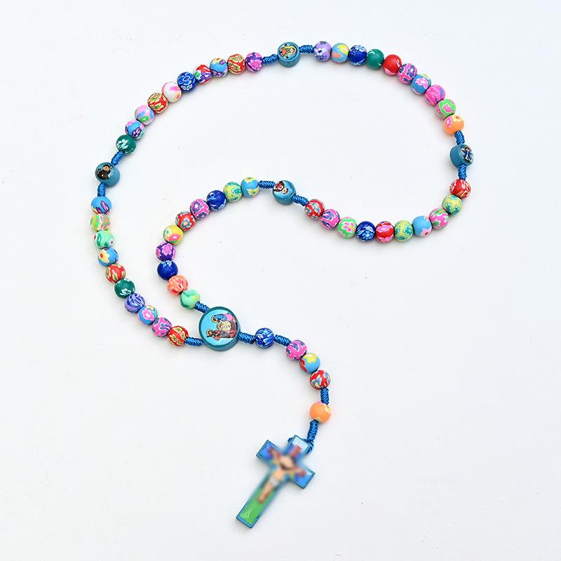 1 szt. Kreskówkowy Kolorowy Naszyjnik z Krzyżykiem Dziecięca Modlitwa i Bransoletka z Koralików do Chrztu Ręcznie Robiony Węzeł Naszyjnik z Miękkiej Ceramiki