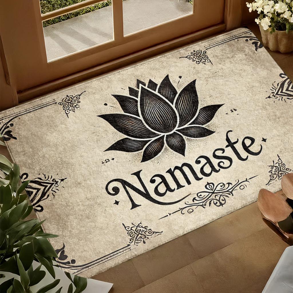 1pc, 2D Flat Namaste Lotus Flower Vintage Beige Flannel Door Mat Non Slip Yoga Spiritual Rug For Entryway Floor