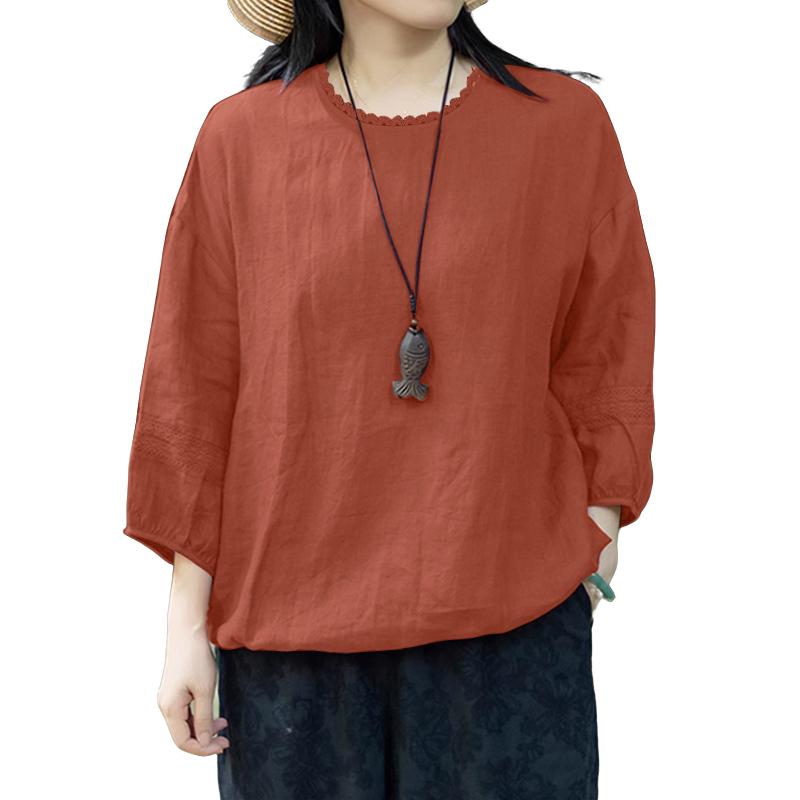 ZANZEA Women Casual Round Neck Loose Retro 3/4 Sleeve Blouse