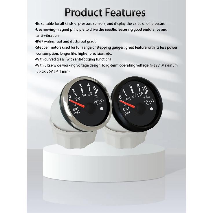RHAXEL 52mm (2'') Oil Pressure Gauge 0-5Bar 0-73Psi 0-10Bar 0-145Psi for Car RV Yachts with Alarm Red Backlight 12Volt 24Volt