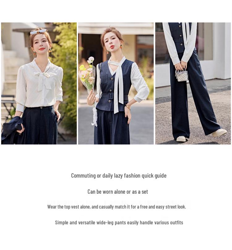 Women's Fashionable Spring 2025 Suit: Stylish Shirt, Denim Vest & Wide-Leg Pants Set YF2551