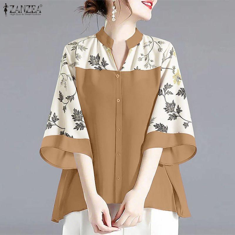 ZANZEA Women Casual V-Neck Loose Print Splice 3/4 Sleeve Blouse