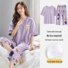 Women's Stretchy Summer Pajama Set with Built-in Bra, Short Sleeves & Three-Quarter Pants, Round Neck Pullover
