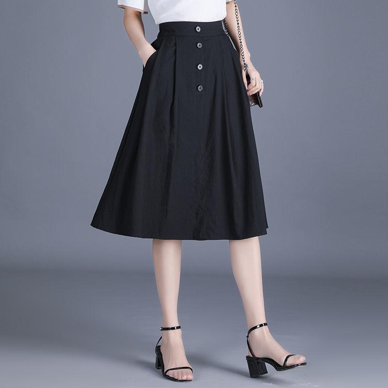 Nylon Cotton Bamboo Linen Skirt Women's Stylish Button Umbrella Skirt Young Casual Mid-length A-line Skirt Elastic Waist Skirt
