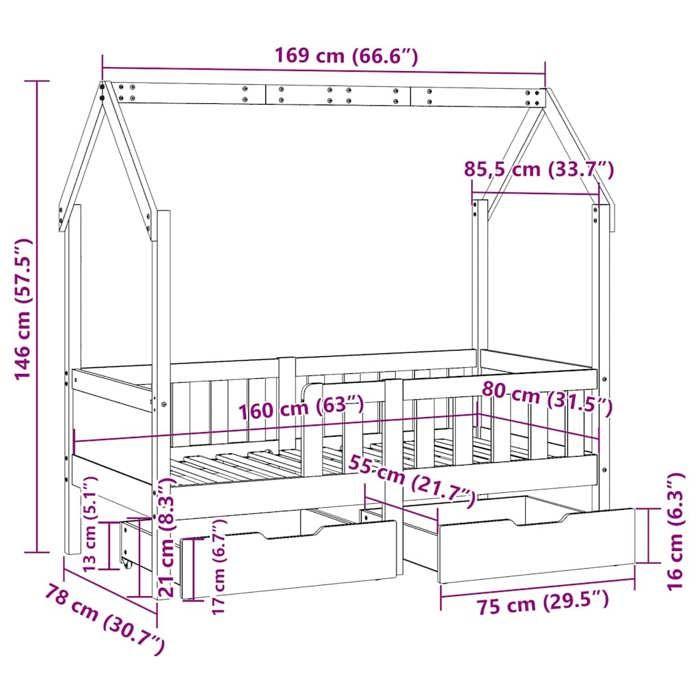 VidaXL Bed Frames for Child and Drawers 80x160cm Solid Pine Wood, Bed for Child, Single Bed for Child, House Bed 3302041