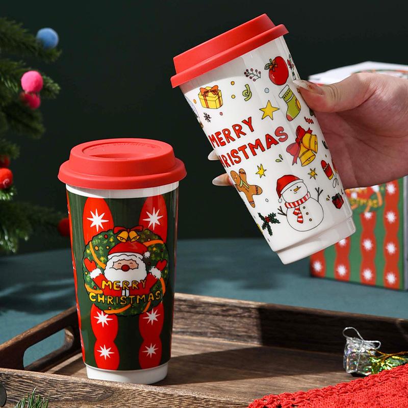 Christmas Ceramic Casual Cup with Lid Snowman Old Man New American Coffee Cup Water Cup High Cup Gift Milk Tea Cup