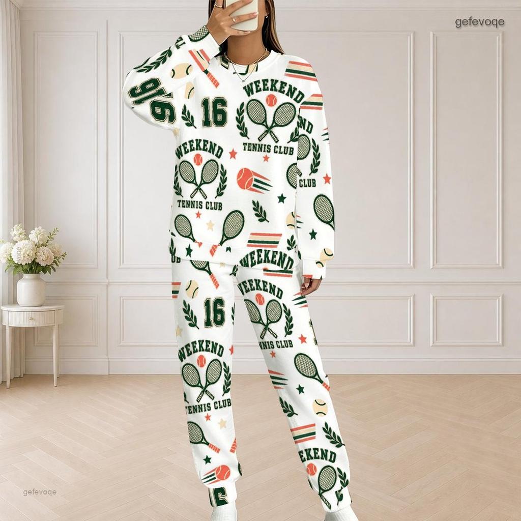 Women Plus Size White Sailboat Printed Round Neck Long Sleeve Top And Pants Two Piece Set