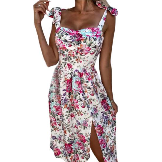 

Летнее платье Элегантное красивое женское платье без рукавов с ярким цветочным принтом Праздничная одежда Платье миди с открытой спиной и квадратным вырезом M красный