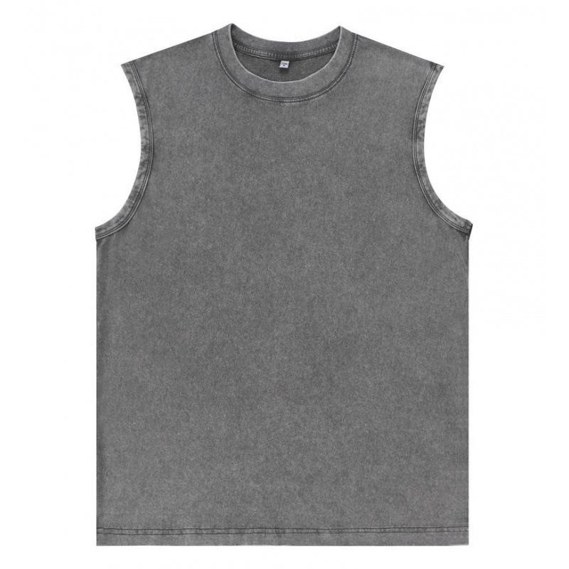 Men's Vest Vintage Washed Tee Tank Tops Summer Casual Sleeveless Tops Streetwear Black Loose Tees