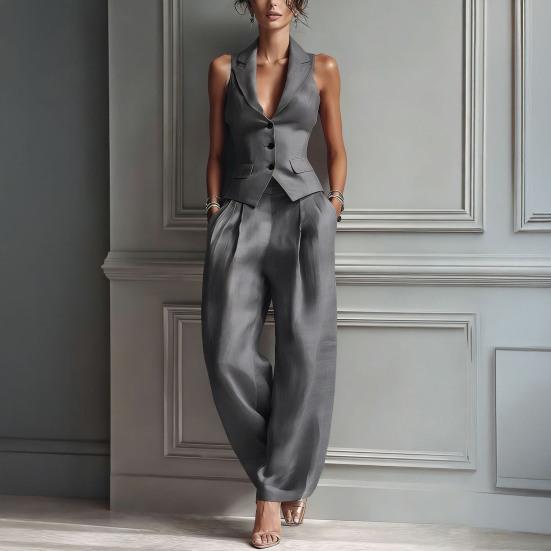 Damen Sommer 2-teilige Business Work Outfits, Ärmellose Hemdweste und Weite Hosen Passendes Set