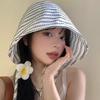 1Pcs Large Brim Foldable Bucket Hats With String For Women Korean Striped Female Panama Bob Outdoor Mountaineering Hat