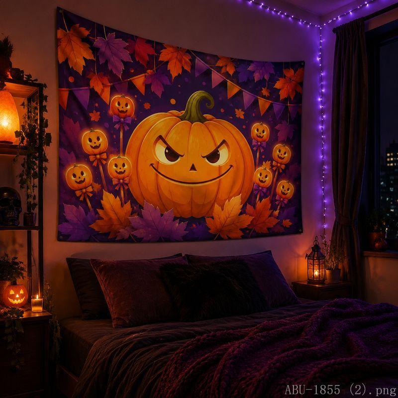 Halloween Tapestry Pumpkin Bat Cat Maple Leaf Moon Print Bedroom Living Room Party Wall Hanging Decor Cloth