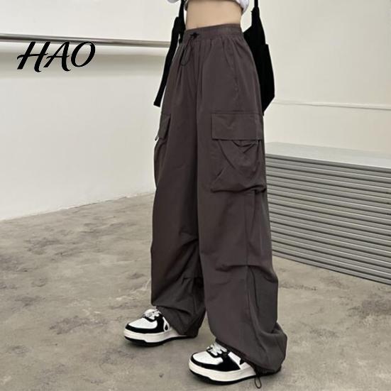 Women Cargo Pants Hip Hop Baggy Solid Color Multi Pockets Lady Trousers Elastic Waist Match Top Loose Breathable Clothes